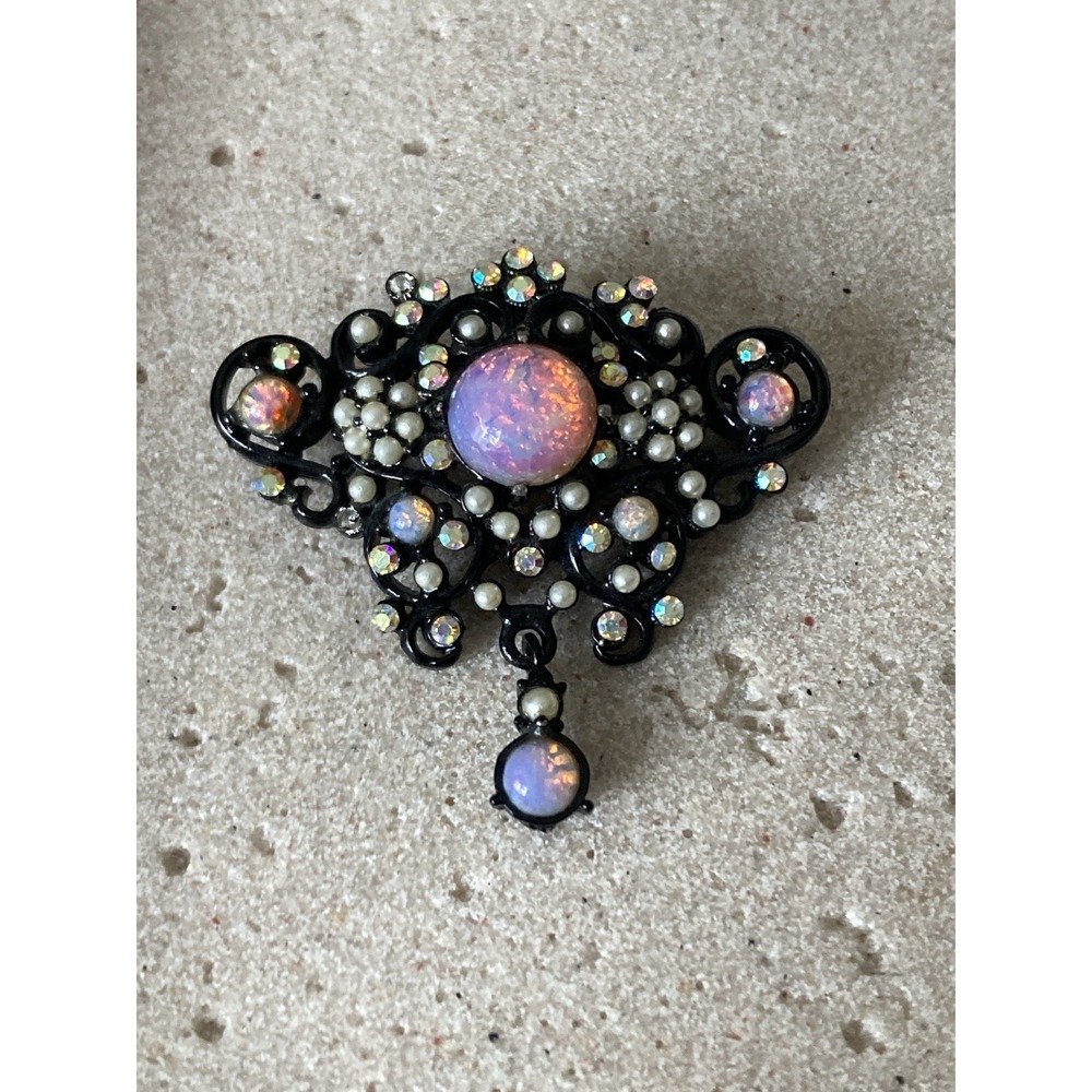 Black Filigree AB Rhinestone‎ Faux Opal Pearl Dangle Brooch Victorian Gothic Pin
